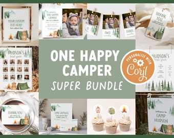One Happy Camper First Birthday Decor, Super Bundle of Digital Templates for 1st Birthday