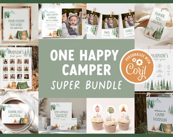 Decoración para el primer cumpleaños de One Happy Camper, paquete fantástico de plantillas digitales para el primer cumpleaños