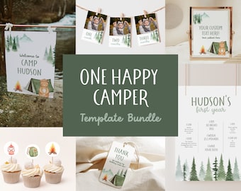 One Happy Camper First Birthday Decor, pacchetto di modelli digitali per il 1 ° compleanno