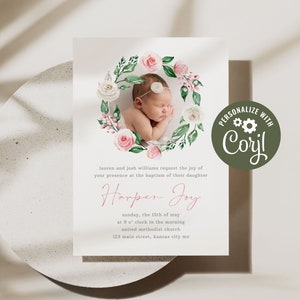 Girl Baptism Invitation Template: Floral Wreath (Digital Download)