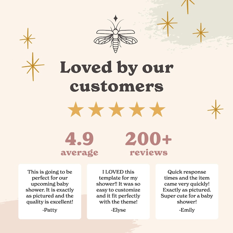 May include: A graphic display featuring a moth icon, the text Loved by our customers, five gold stars, a 4.9 average rating, and 200+ reviews. Three white boxes contain customer testimonials from Patty, Elyse, and Emily regarding a template.