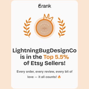 May include: A light peach-colored graphic with the text "Erank" at the top. The image features a circular logo with a crown and the text "LightningBugDesignCo" and the words "is in the Top 5.5% of Etsy Sellers!"