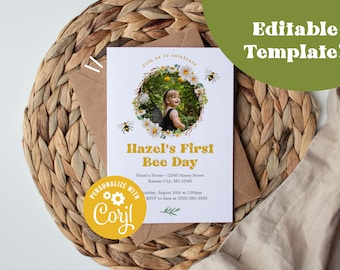 Plantilla de invitación para el primer día de las abejas: invitación de cumpleaños editable (descarga digital)