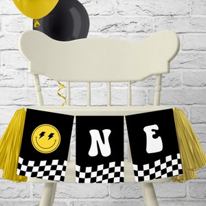 One Happy Dude Birthday Decorations, Printable High Chair Banner template for Smiley Face Birthday