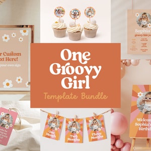 One Groovy Girl Birthday Decor Bundle, Printable Templates for Retro First Birthday, Daisy Birthday Decor