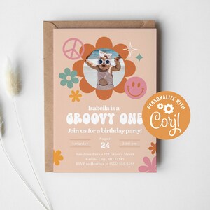 Groovy One Birthday Invitation, Instant Download Template for Retro First Birthday