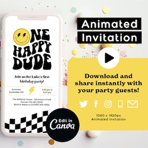 One Happy Dude Digital Birthday Invitation with Photo, Animated Text Invite for Smiley Face First Birthday