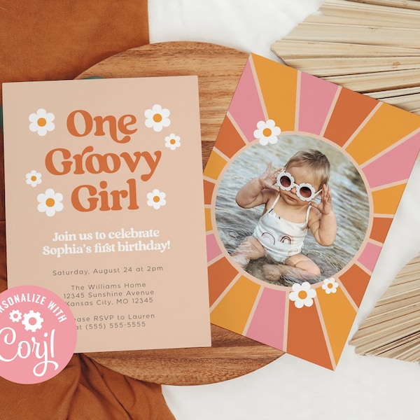 One Groovy Girl Birthday Invite, Digitale Vorlage für Retro First Birthday Party, Daisy Birthday Invite, 100% Editierbarer Text