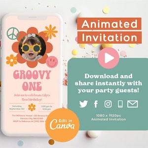 Groovy One Birthday Invitation, Animated Video Invite for One Groovy Girl First Birthday, Canva Template