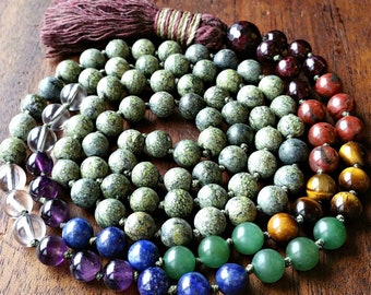 Green /& Rainbow All Seven 7 Chakras 108 Mala Kundalini Necklace Gift Serpentine Kundalini Chakra Mala Beads Necklace with Cotton Tassel