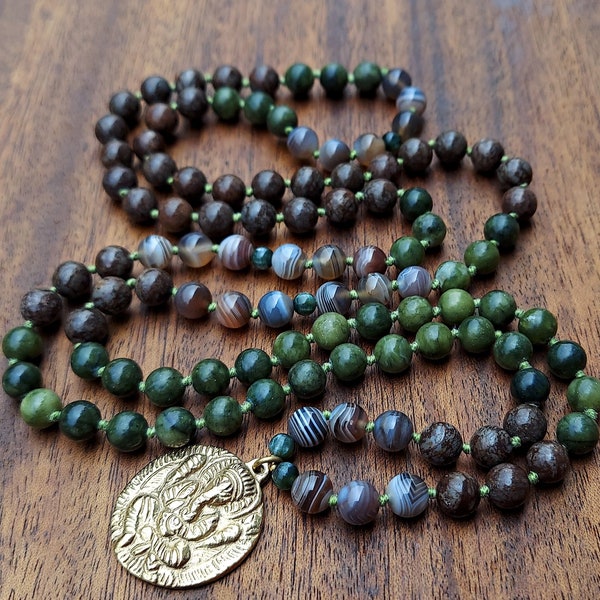 Ganesha 108 Mala Beads, 8mm Japa Mala with Brass Ganesh Pendant, Green Brown Mala, Hindu God Mala Necklace, Hindu Prayer Beads, Yoga Beads