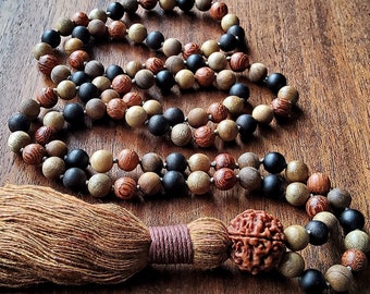 Sandalwood Mala with Ebony Dragon's Blood & Camphor Woods Rudraksha Mala Necklace Lightweight Mixed Wood Mala Beads Brown Buddhist Necklace