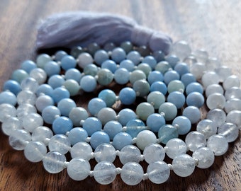 Moonstone Necklace Mala Gift Rainbow Moonstone & Aquamarine Beaded Necklace Aquamarine Mala Beads June Birthstone Gift March Birthstone Gift