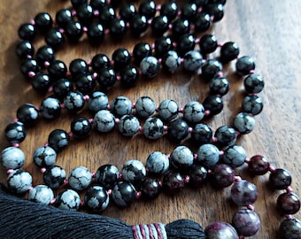 Obsidian Tourmaline & Garnet Protection Mala Necklace, Vegan Black, Burgundy, Dark Red Knotted 108 Mala Beads with Fluffy Cotton Tassel