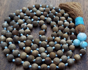 Larimar & Sandalwood Mala Beads, Larimar Necklace with Tassel, Genuine Larimar Brown Blue Yoga Necklace 108 Mala Beads Gift for Peace Love