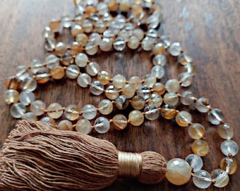 Golden Healer Quartz Mala Beads, Sparkly Faceted Master Healer Crystal Necklace Gift, Handmade Necklace Mala for Solar Plexus Chakra Healing