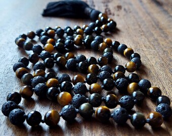 Tiger's Eye & Obsidian Beaded Necklace for Men, Black Obsidian Mala Beads, Handmade Jewelry for Men, Protection Necklace Gift for Husband