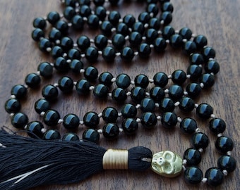 Skull Mala with Obsidian for Protection, Black & Gold Skull Necklace, Obsidian Mala Beads with Cotton Tassel, Protection Beaded Necklace