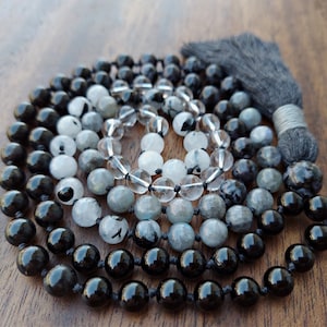 Dark Moon Mala Necklace, Ombre Protection 108 Mala Beads, Black & White Tourmaline, Mystic Merlinite, Labradorite Gemstone Beaded Necklace