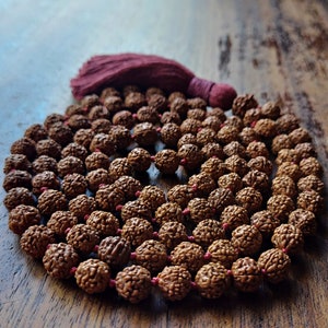 Rudraksha Mala Beads, Genuine Rudraksha Seed Mala Necklace with Red Tassel, Buddhist Necklace, Brown & Red Mala for Meditation, Prayer Beads