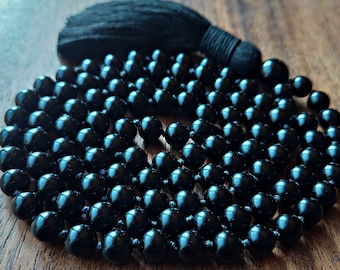 Obsidian Mala, Black Obsidian Necklace with Cotton Tassel for the Root Chakra, Vegan Protection Mala Beads, Grounding Black Beaded Necklace