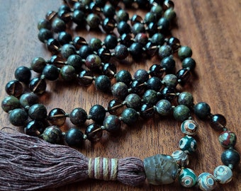 Protection Skull Mala, Green Dragon Beaded Necklace, Green & Brown Skull 108 Mala Bead Necklace Gift, Skull Mala Necklace, Mens Mala for Him