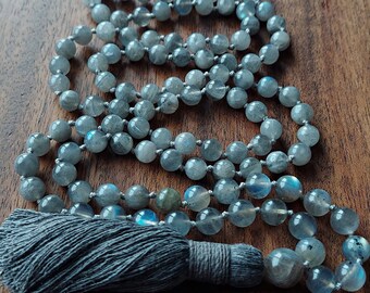 Labradorite Mala Beads 108, Blue Labradorite Mala Necklace for the Crown Chakra, Crystal Healing Buddhist Mala Beads Meditation Yoga Gift