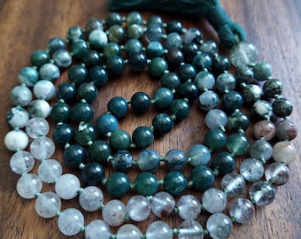 Stonehenge Mala Beads | Preseli Bluestone, Tree & Moss Agate, Tassel | 108-Bead Japamala | Green Heart Chakra Healing Buddhist Prayer Beads
