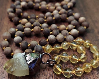 Raw Citrine Pendant Mala with Sandalwood, Citrine & Sandalwood Mala Necklace, Citrine Mala with Sandalwood and Rustic Citrine Crystal Charm