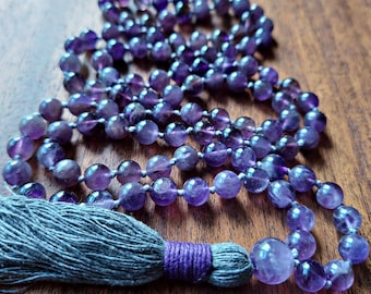 Amethyst Mala Beads, Purple Mala Necklace with Gray Cotton Tassel, February Birthstone Aquarius Necklace Gift Dream Amethyst Meditation Mala