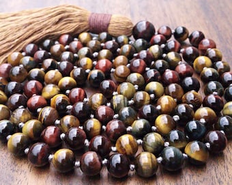 Tiger's Eye Mala, Mala for Courage & Creativity, Colorful Gold Blue Red Tiger's Eye Beaded Necklace Gift, Prayer Beads for Inner Strength