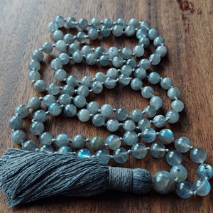 Labradorite Mala Beads 108, Blue Labradorite Mala Necklace for the Crown Chakra, Crystal Healing Buddhist Mala Beads Meditation Yoga Gift