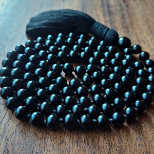 Obsidian Mala, Black Obsidian Necklace with Cotton Tassel for the Root Chakra, Vegan Protection Mala Beads, Grounding Black Beaded Necklace
