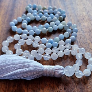 Moonstone Mala Necklace for Women, Aquamarine Mala for Women, Moonstone Mala Gift for Women, Raw Aquamarine Beaded Necklace Jewelry for Her