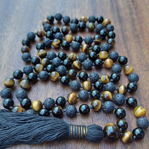 Tiger&#39;s Eye Black Obsidian & Lava Stone Mala Beads, Black and Gold Obsidian Mala, Tiger Eye Gemstone 108 Mala Necklace for the Root Chakra