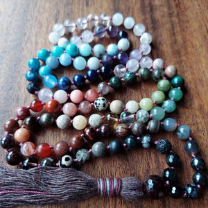 Seven 7 Chakra Rainbow Mala Beads Necklace, Vegan All Chakras Mixed Gemstones 108 Mala Necklace, Fluffy tassel Knotted Mala Necklace Gift