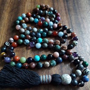 All Chakras Protection Mala Beads with Stegodon Fossil Guru, Vegan 7 Chakra Rainbow Necklace, Colorful Multi-Gemstone 108 Mala Wrap Necklace