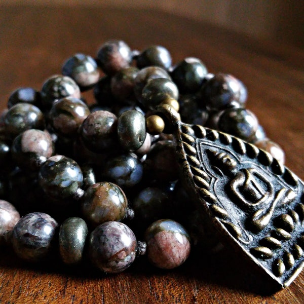 Llanite & Bronze Buddha Mala Beads Necklace with Vintage Pendant, Rustic Que Sera Stone Meditation Necklace, African Opal Mala Prayer Beads