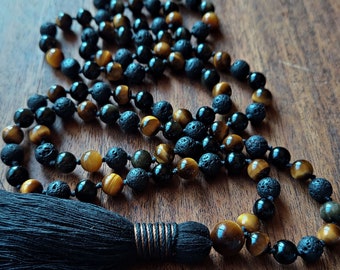 Tiger's Eye Black Obsidian & Lava Stone Mala Beads, Black and Gold Obsidian Mala, Tiger Eye Gemstone 108 Mala Necklace for the Root Chakra