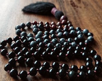 Obsidian & Tourmaline Protection Mala Necklace, Black Obsidian Dragon Mala Beads Necklace, Vegan 108 Mala Bracelet Wrap with Cotton Tassel