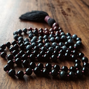 Obsidian & Tourmaline Protection Mala Necklace, Black Obsidian Dragon Mala Beads Necklace, Vegan 108 Mala Bracelet Wrap with Cotton Tassel