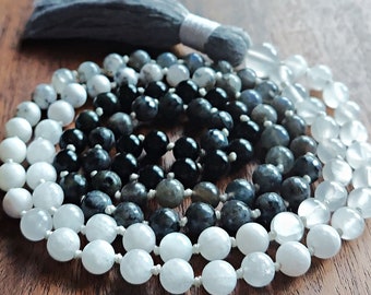 Full Moon Magick Mala Necklace with Selenite, Moonstone, Merlinite, Labradorite, Obsidian, Vegan White & Grey Mala Wrap with Cotton Tassel