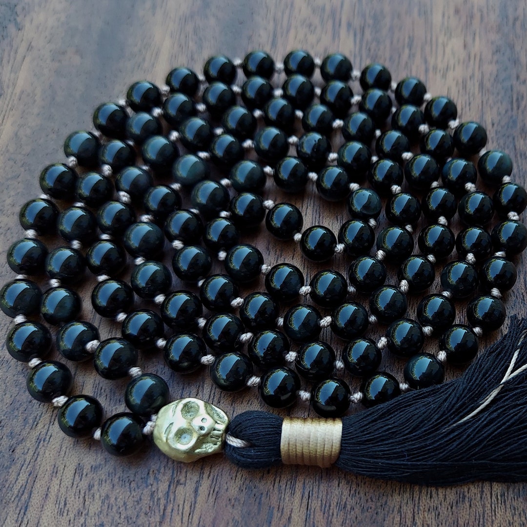Obsidian Skull Mala, Japa Mala, Fair Trade Brass Skull 108 Mala Beads