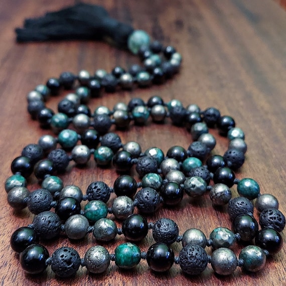 Health Wealth Mala Beads, Pyrite-obsidian-lava Stone Protection