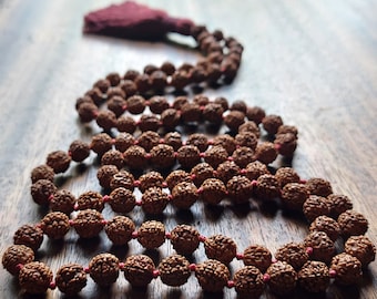 Rudraksha Mala Necklace for Meditation, Genuine Rudraksha Mala Necklace with Red Tassel, Buddhist Necklace, Brown Mala Beads, Prayer Beads