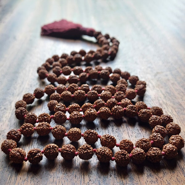 Rudraksha Mala Necklace for Meditation, Genuine Rudraksha Mala Necklace with Red Tassel, Buddhist Necklace, Brown Mala Beads, Prayer Beads