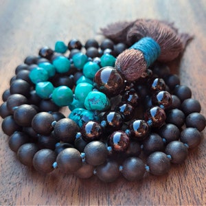 Turquoise & Garnet Mala with Ebony Wood, Turquoise Necklace, Turquoise Mala Beads Turquoise Jewelry Turquoise Gift, December Birthstone Gift