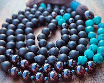 Turquoise & Garnet Mala, Turquoise Necklace with Ebony Wood, Turquoise Mala Beads Turquoise Jewelry Turquoise Gift, December Birthstone Gift