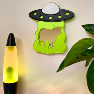 Alien Abduction Cow Mini Wall Mirror 3D Printed UFO Hanging Home Decor Sci fi Cryptid Core Funky Outer Space