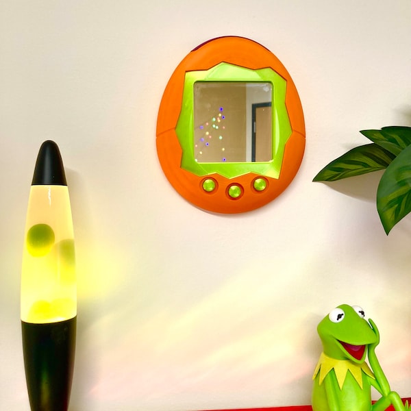 Mini miroir mural Tamagotchi orange et vert à suspendre imprimé en 3D Nostalgie des années 90 Vpet Digimon Funky